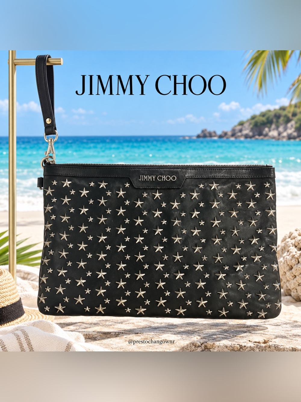Jimmy Choo Derek Black Leather Star-Studded Clutch Pouch